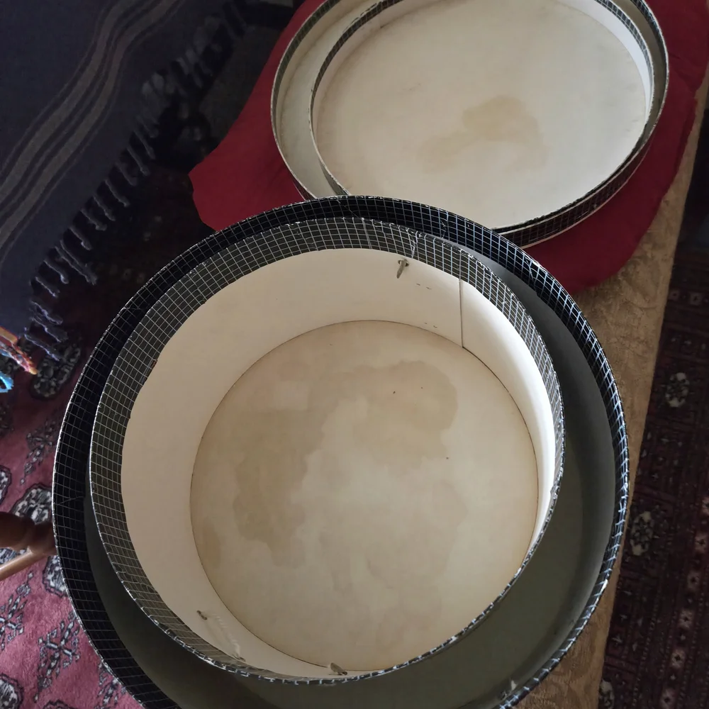 Dark Blue and White Grid Pattern Hat Boxes, Nesting Storage, Pair 2